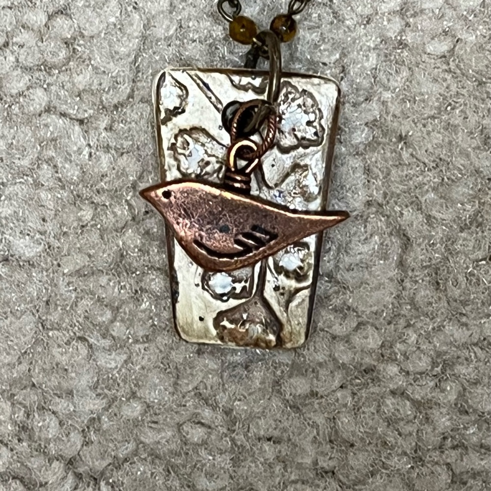 Elegant Beaded Necklace with Pottery pendant added copper bird accents